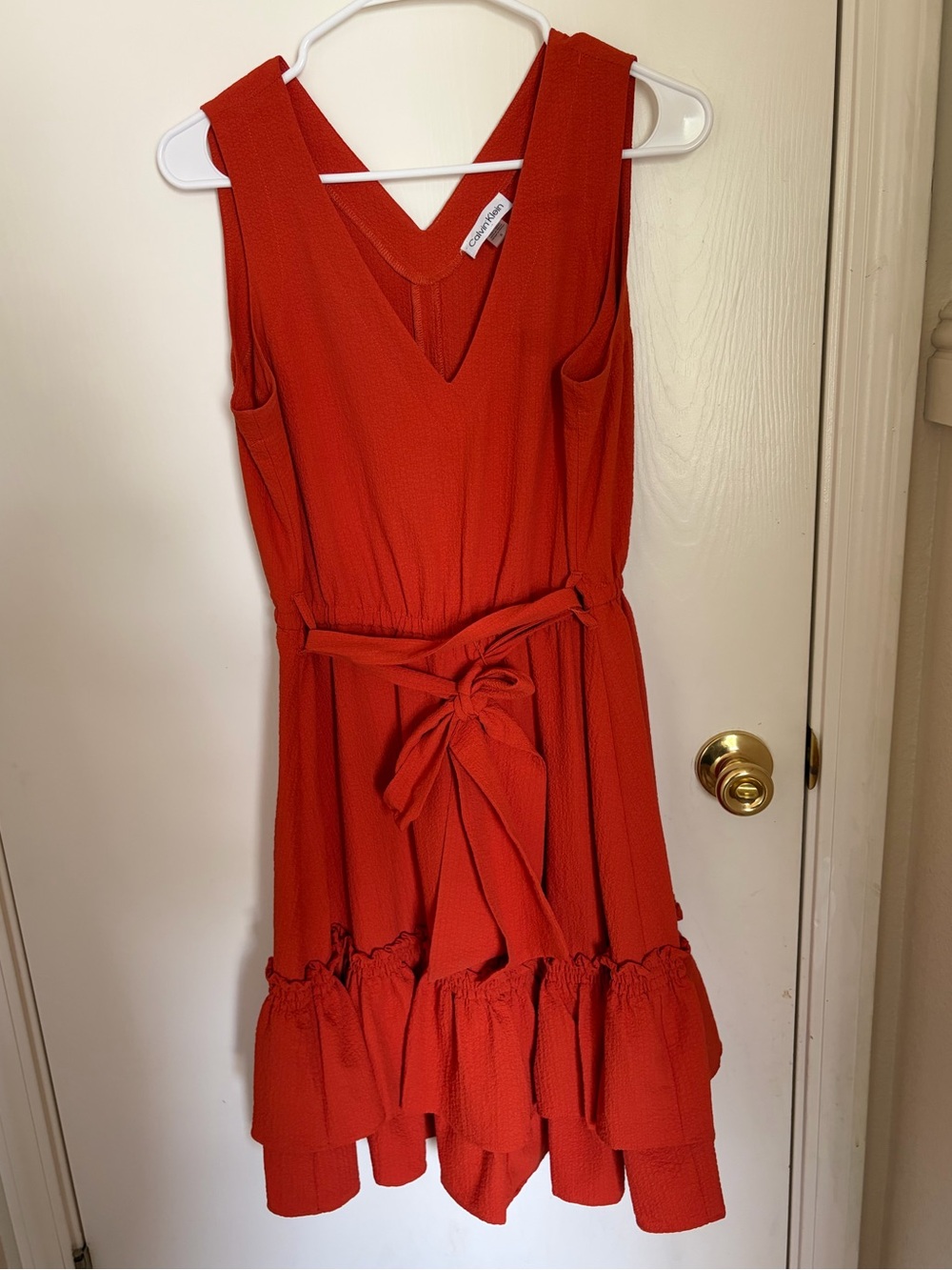 Calvin Klein Orange-Red Sleeveless V-Neck Tiered Mini Dress